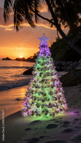 Beach, sunset, illuminated purple and green Christmas tree, festive holiday decoration, tropical location, palm trees, ocean view, beach stroll, sunny day