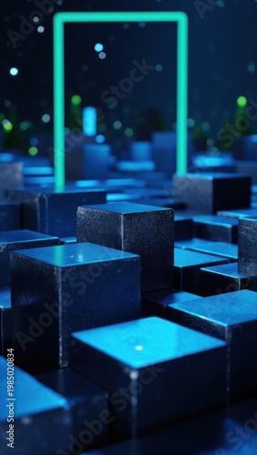 Three-dimensional cubes illuminated from above in a modern digital space, with glittering lights and shadows creating an abstract atmosphere.