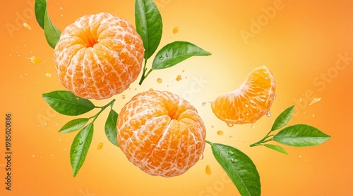 Fresh peeled tangerines falling on orange gradient background