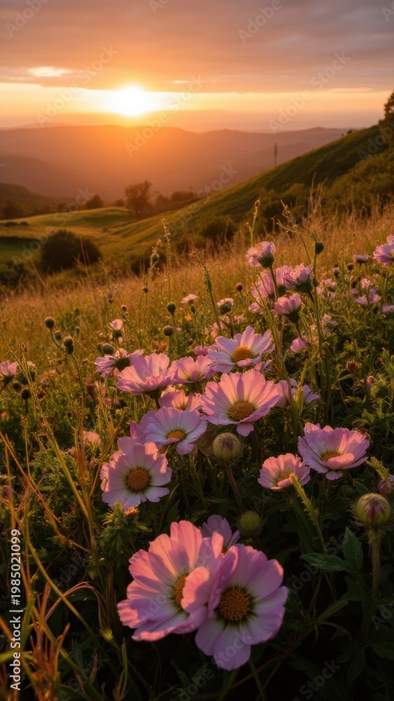 Obraz premium Pink and white wildflowers in foreground, sunlight filtering through clouds