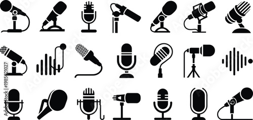 Collection of vintage and modern microphone icons in black and white