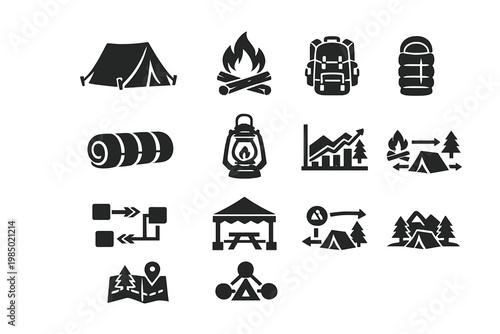 Camping generation image vector fill sleeping backpack icon outdoor fire simple set