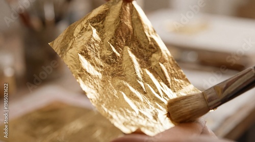 Close-up of Gilder holding gold leaf with brush for gilding