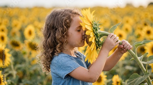 Curly hair toddler girl smelling large sunflower in field