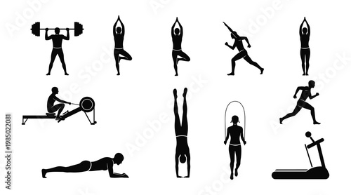 Fitness silhouette collection diverse workout poses and athletic activities