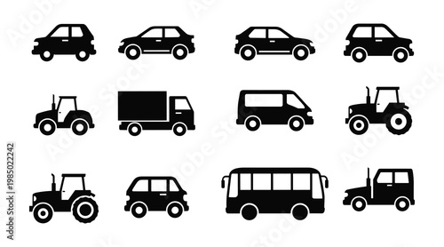 Black silhouette icons of various vehicles cars trucks vans and tractors