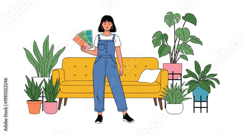 Young woman tending to indoor plants in a stylish living room setting