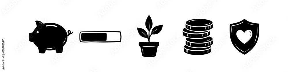 Fototapeta premium Financial icon set featuring a piggy bank, progress bar, potted plant, stacked coins, and heart shield silhouette. Illustrates concepts of savings, investment growth, security, and charity.