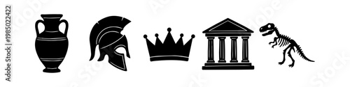 Set of minimalist black silhouette icons representing history and museum exhibits, featuring an amphora, Spartan helmet, crown, classical building, and T-Rex skeleton. Ideal for educational use.