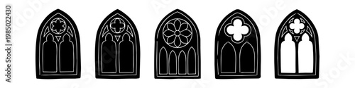 Set of five gothic window silhouettes with elegant tracery and pointed arches. Minimalist black architectural icons isolated on a white background for design, tattoo, or stencil.