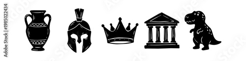 Set of hand-drawn historical and archaeological icons: ancient vase, Spartan helmet, royal crown, classical temple, and dinosaur silhouette. Ideal for museum, education, and history themed projects.