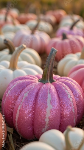 A field of pumpkins with different colors and patterns, typical for autumn festivals and decorations.