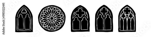 Set of hand-drawn gothic cathedral windows and rose window silhouettes. Vector architectural elements with sketch style tracery for vintage designs.