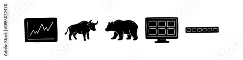 Hand-drawn stock market icons featuring bull, bear, trading chart, and monitor. Set of black silhouettes representing finance, investment, and market trends on a white background.