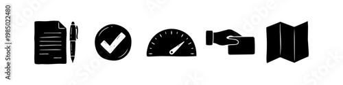 A minimalist hand-drawn set of essential business icons: document with pen, checkmark for approval, performance speedometer, credit card transaction, and navigation map on white background.