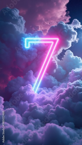 A creative and modern digital art piece featuring the number seven in a vibrant, pink and purple sky background.