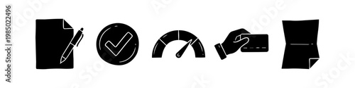 Set of hand-drawn business icons in black solid style, featuring a contract signature, approved checkmark, performance gauge, credit card payment, and folded flyer.