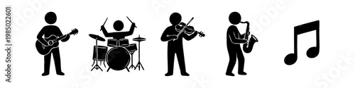 Black silhouette icons of musicians playing guitar, drums, violin, and saxophone, with a musical note symbol. Hand-drawn doodle style stick figures isolated on white background.