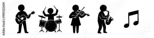 Minimalist black silhouettes of a musical band with guitar, drums, violin, and saxophone players. Music icons isolated on white background for design and performance concepts.