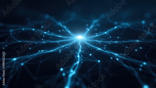 Microscopic view of a cluster of human brain cells connected by neural pathways. Lighted blue nerve impulse through the network.