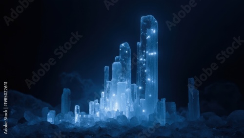 Majestic blue formations of ice crystals within a frozen cave, showcasing the beauty and complexity of geological structures.
