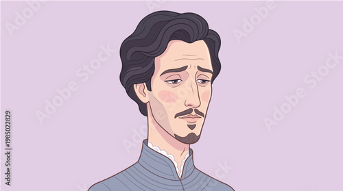 Illustrated portrait of a man with dark hair and mustache on a purple background