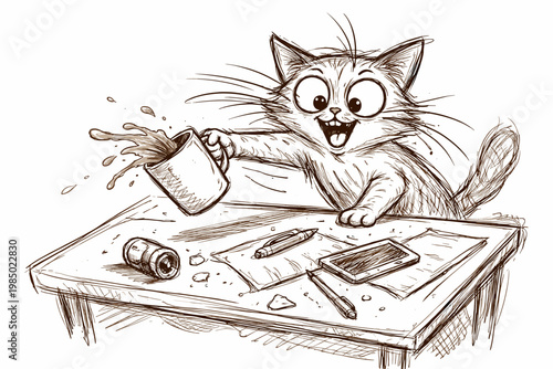 Knocking cat sketch generation chaos icon something doodle image vector concept simple