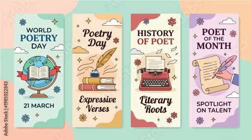 Vibrant poetry bookmarks with creative typography and illustrations celebrating literature