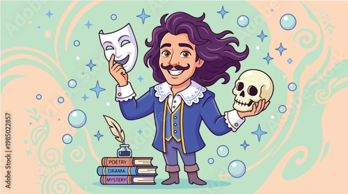 Cartoon actor holding comedy mask and skull with books and quill pen