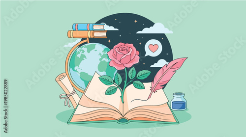 Vibrant illustration of an open book with a rose, globe, and quill pen on a green background, symbolizing education