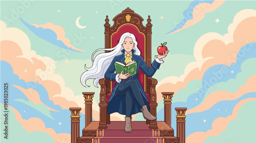 Fantasy queen sitting on throne with book and apple in magical dreamy landscape