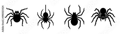 Black spider icons, spider silhouettes, creepy crawlies, vector arachnids