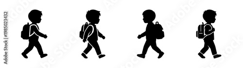 Walking children silhouettes, kids with backpacks, school icons, student graphics