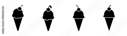 Black ice cream cone icons, frozen dessert silhouettes, sweet treats, food illustrations