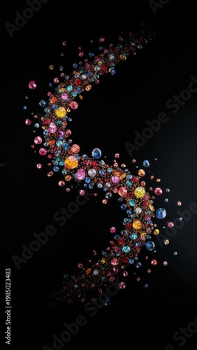 Glittering array of colorful gemstones on black background, possibly suspended from ceiling