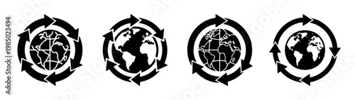 Eco friendly globe icons, recycling symbols, earth rotation, sustainable vector graphics