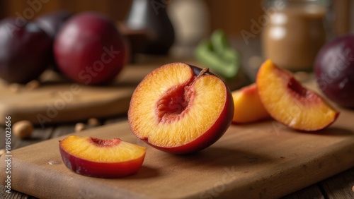 A close-up of two halved, freshly picked peaches, placed on a wooden cutting board and ready to be enjoyed as a healthy snack or incorporated into various recipes.