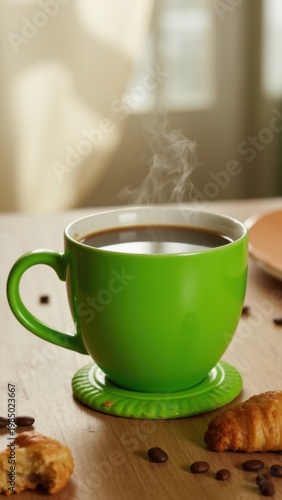 A freshly brewed cup of coffee in a green mug sitting on a wooden table. The steam indicates it's piping hot, ready to be enjoyed as a morning or afternoon pick-me-up.
