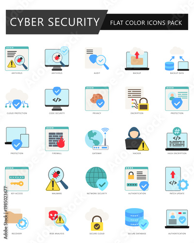 Cyber Security flat color icons pack. contain antivirus, audit, backup, data, cloud security, privacy, encryption, protection, firewall and more. Vector EPS 10 for UI, UX kit, web and app development
