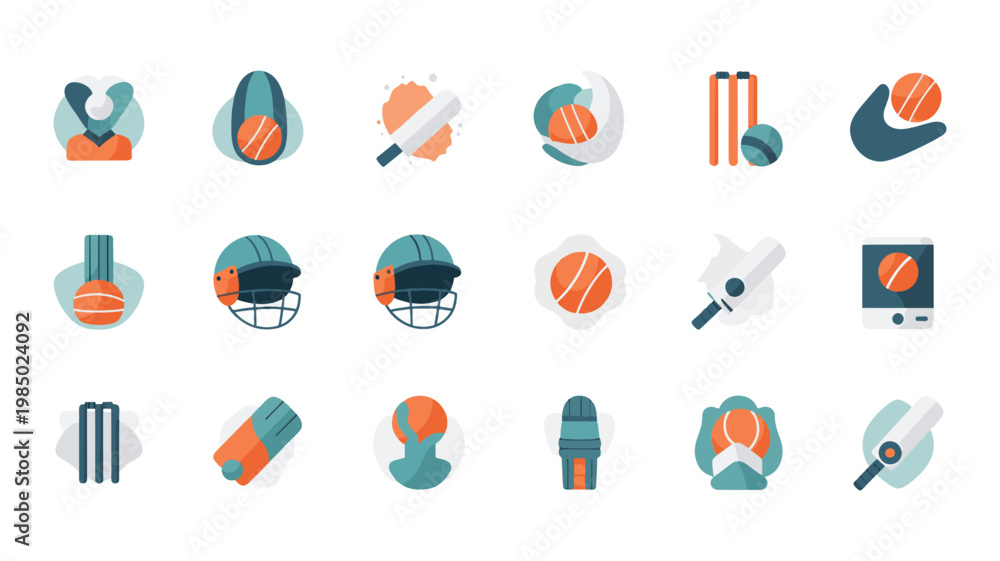 Fototapeta premium Large Set of Abstract Flat Cricket Sports Equipment and Action Icons
