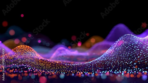 Abstract Glowing Neon Waves and Colorful Bokeh Particles Background
