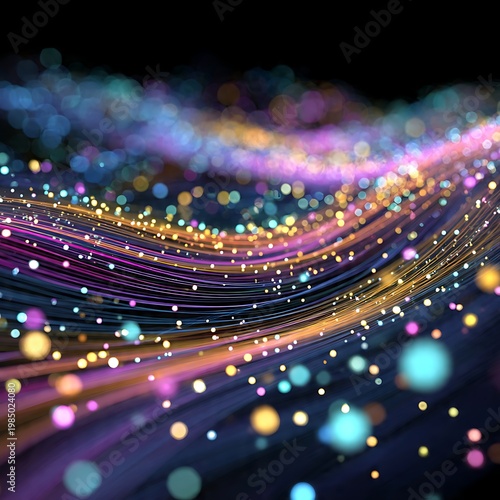 Abstract Glowing Neon Waves and Colorful Bokeh Particles Background