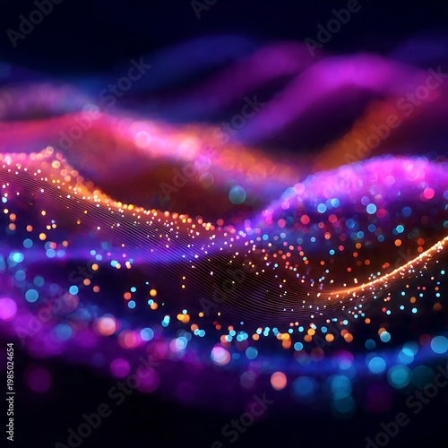 Abstract Glowing Neon Waves and Colorful Bokeh Particles Background