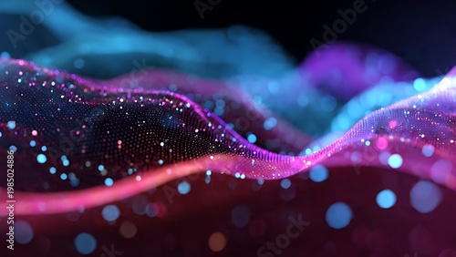 Abstract Glowing Neon Waves and Colorful Bokeh Particles Background