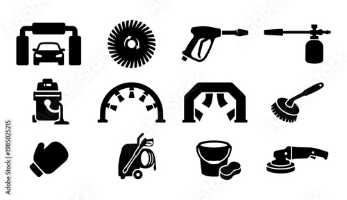 Car Wash Equipment Silhouettes Set, Auto Detailing Tools and Cleaning Machines Icons