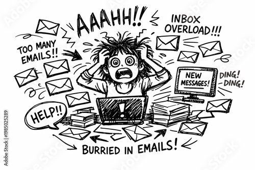 Simple hand drawn person messy overwhelmed emails uneven lines icon doodle image simple style vector