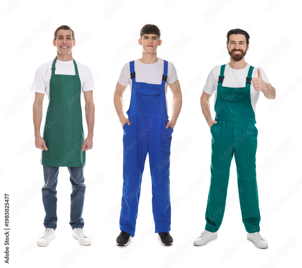 Obraz premium Cleaning service workers in uniforms. Portraits on white background