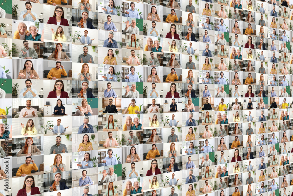 Fototapeta premium Group video chat. Many people during online meeting, web camera view