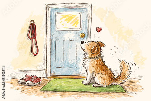 Door messy naive style vector dog icon concept anticipation generation waiting simple