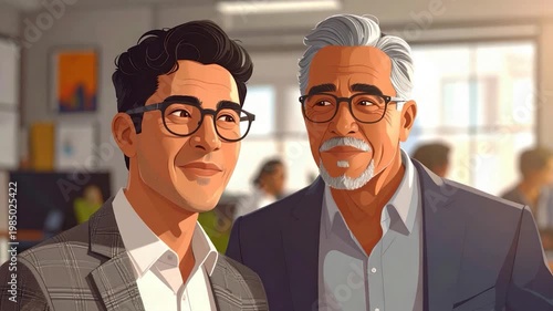 Animated pair of men in suits stand in an office setting